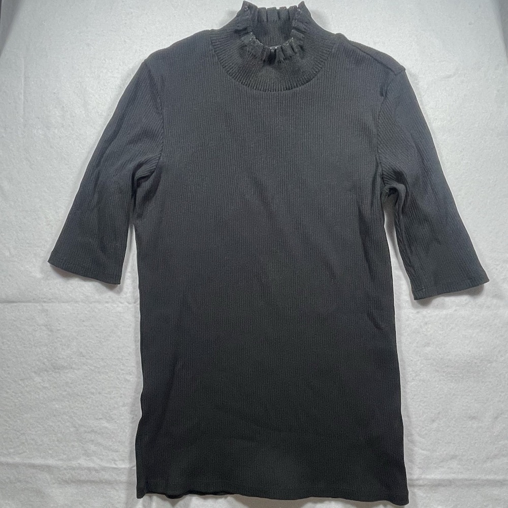 Scotch & Soda BlackRib Knit Mock Neck Shirt Women's XL Ruffle Stretch 3/4 Sleeve